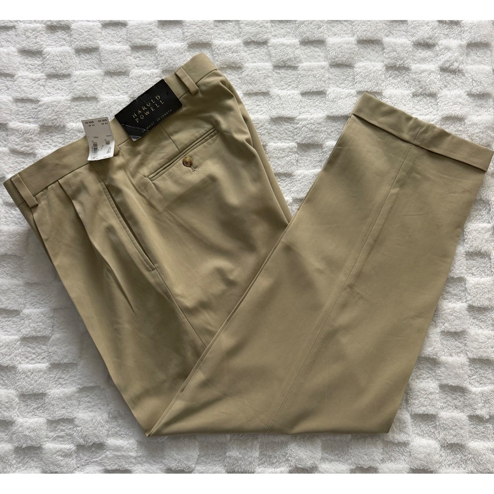 Harold Powell Mens Pleated Khaki Dress Pants 34x30 Tan Herringbone Cuffed- NWT